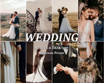Puede incluir: Un collage de fotografías de boda con parejas en traje formal, ramos y el intercambio de anillos. El texto dice WEDDING MOBILE & DESKTOP Lightroom Presets. Las imágenes muestran varios entornos interiores y exteriores con luz cálida.