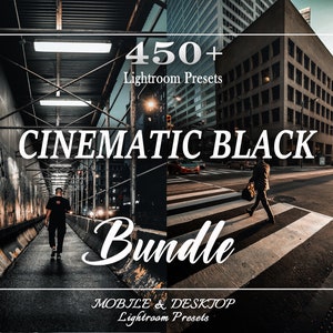 Könnte beinhalten: Ein Grafikdesign für ein Bundle mit über 450 Lightroom-Presets namens "Cinematic Black Bundle". Das Design zeigt eine Straßenszene in der Stadt mit einer Person, die über einen Zebrastreifen geht, und eine dunkle Gasse mit einer Person, die in der Ferne geht. Der Text "Mobile & Desktop Lightroom Presets" ist ebenfalls enthalten.