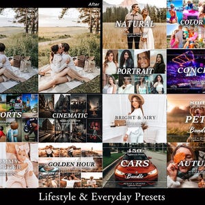 May include: A digital collection of Lightroom presets titled Lifestyle & Everyday Presets, featuring multiple photo grids categorized by themes including Natural, Color Pop, Portrait, Concert, Sports, Cinematic, Bright & Airy, Pets, Mommy Blogger, Golden Hour, Cars, and Autumn.
