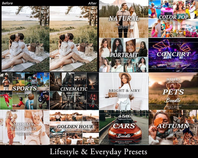 May include: A digital collection of Lightroom presets titled Lifestyle & Everyday Presets, featuring multiple photo grids categorized by themes including Natural, Color Pop, Portrait, Concert, Sports, Cinematic, Bright & Airy, Pets, Mommy Blogger, Golden Hour, Cars, and Autumn.
