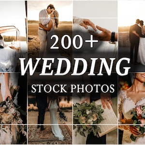 May include: A collage of images featuring couples on their wedding day. The images show a variety of settings, including a boat, a field, and a rooftop. The text "200+ WEDDING STOCK PHOTOS" is displayed in the center of the collage.