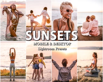 May include: A collection of eight photographs featuring people in outdoor beach settings during sunset, with the text SUNSETS MOBILE & DESKTOP Lightroom Presets overlaid in the centre. The images display various activities including swimming, walking, and yoga.