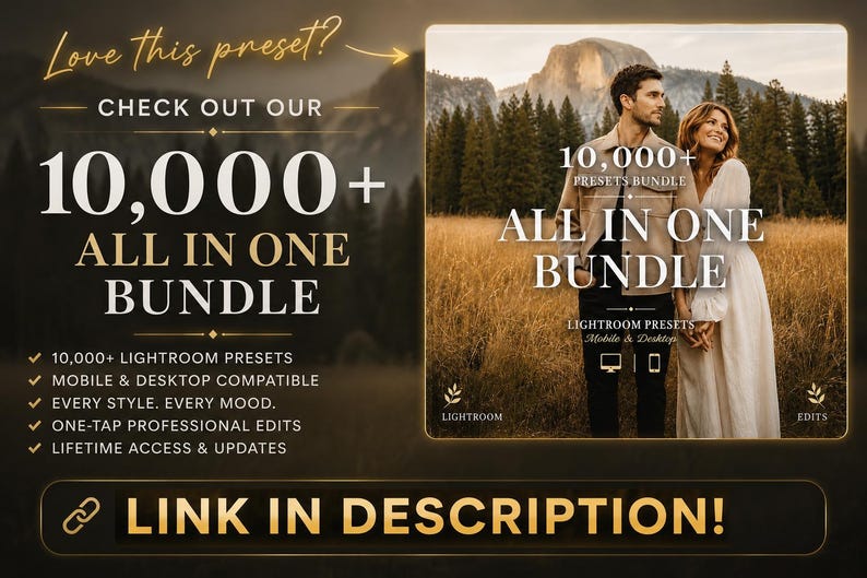 May include: A digital advertisement for a 10,000+ Lightroom presets bundle. The graphic features text stating 10,000+ ALL IN ONE BUNDLE, a photograph of a couple in a field, and icons for mobile and desktop compatibility. The bottom includes a link button.