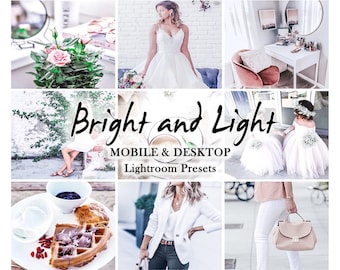 May include: A collage of images showcasing a collection of Lightroom presets called "Bright and Light" for mobile and desktop. The images feature a variety of subjects, including a bride, a waffle, a woman in a white blazer, and a woman in a pink dress.