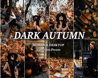 Op de afbeelding: Een set Lightroom-presets genaamd "Dark Autumn" voor mobiel en desktop. De presets zijn ontworpen om foto's een humeurige, herfstachtige uitstraling te geven. De afbeelding toont verschillende foto's met verschillende herfstscènes, waaronder een vrouw in een bos, een vrouw in een park en een man die op een bank zit.