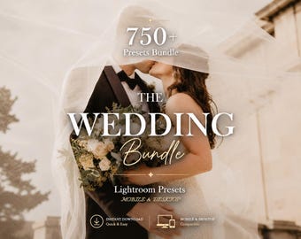 May include: A digital product listing for a 750+ Presets Bundle of Lightroom presets. The image features a couple kissing under a wedding veil, holding a floral bouquet. Text includes: 750+ Presets Bundle, THE WEDDING Bundle, Lightroom Presets, MOBILE & DESKTOP.