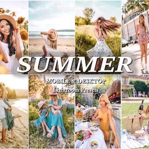 Peut inclure: Une collection de huit images photographiques présentant des scènes estivales en extérieur, incluant des plages, des champs fleuris et des repas, avec le texte SUMMER MOBILE & DESKTOP Lightroom Presets superposé en lettres blanches.
