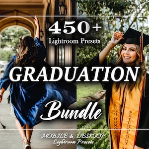 Puede incluir: Imagen que promociona un paquete de graduación con más de 450 ajustes preestablecidos de Lightroom. La imagen presenta a dos graduados, uno con una toga azul y el otro con birrete y toga negros. El texto incluye "GRADUATION Bundle" y "MOBILE & DESKTOP Lightroom Presets."