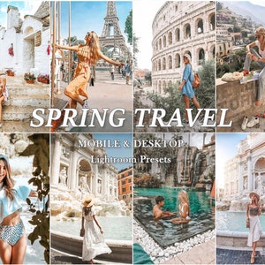 May include: A collage of photographs showcasing travel destinations in Europe. The images depict a range of locations, including a whitewashed town, the Eiffel Tower, the Colosseum, a fountain, and a swimming pool. The text "SPRING TRAVEL" is displayed in large, bold letters across the top of the collage. The text "MOBILE & DESKTOP Lightroom Presets" is displayed in smaller letters below the main text.