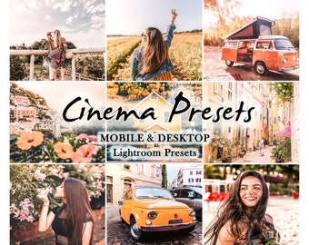 Könnte beinhalten: Eine Collage von Bildern, die eine Sammlung von Lightroom-Presets namens "Cinema Presets" für Mobilgeräte und Desktop zeigen. Die Bilder zeigen eine Vielzahl von Szenen, darunter eine Frau auf einem Feld, einen Vintage-Van, eine Stadtlandschaft und ein Auto.