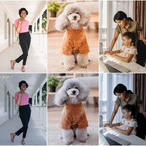 May include: A before and after image showing the difference in image quality. The before image is grainy and has a yellow tint. The after image is clear and has a natural color balance. The image shows a woman and a child in a room, a woman standing in a hallway, and a dog sitting on a rug.