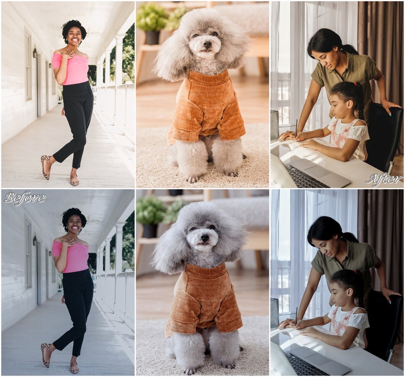 May include: A before and after image showing the difference in image quality. The before image is grainy and has a yellow tint. The after image is clear and has a natural color balance. The image shows a woman and a child in a room, a woman standing in a hallway, and a dog sitting on a rug.