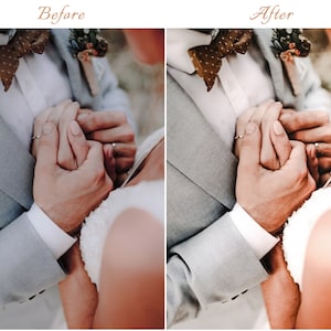 May include: A split-screen comparison showing a light gray suit jacket with a white shirt and a brown polka-dot bow tie, paired with a white textured garment. The left side displays a cooler tone, while the right side features a warmer, orange-tinted edit.