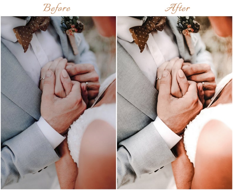 May include: A split-screen comparison showing a light gray suit jacket with a white shirt and a brown polka-dot bow tie, paired with a white textured garment. The left side displays a cooler tone, while the right side features a warmer, orange-tinted edit.