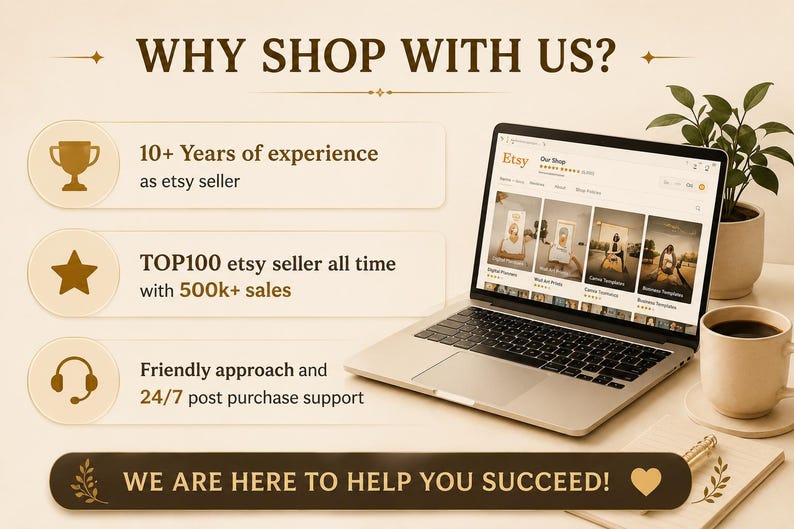 K&ouml;nnte beinhalten: Ein Laptop zeigt eine Etsy-Shop-Seite mit dem Text WHY SHOP WITH US? 10+ Years of experience as etsy seller, TOP100 etsy seller all time with 500k+ sales, Friendly approach and 24/7 post purchase support, WE ARE HERE TO HELP YOU SUCCEED!