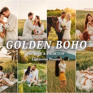 May include: A collage of images with a golden, warm aesthetic. The text "GOLDEN BOHO" and "MOBILE & DESKTOP Lightroom Presets" are overlaid. The images feature couples in fields, picnics, and a horse, evoking a romantic, bohemian theme.