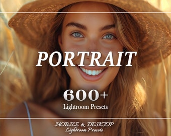May include: A smiling person wearing a straw hat, with the word "PORTRAIT" in large white letters. The image also includes the text "600+ Lightroom Presets" and "MOBILE & DESKTOP Lightroom Presets". The background is a field of wheat.