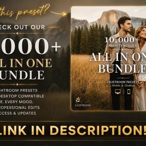 May include: A digital advertisement for a 10,000+ Lightroom presets bundle. The graphic features text stating 10,000+ ALL IN ONE BUNDLE, a photograph of a couple in a field, and icons for mobile and desktop compatibility. The bottom includes a link button.