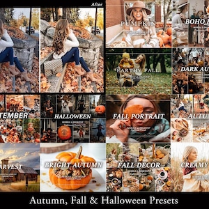 May include: A digital collage of photography presets featuring autumn, fall, and Halloween themes. The collection includes images of pumpkins, foliage, outdoor portraits, and seasonal decor with text overlays such as Pumpkin, Boho Fall, Earthy Fall, Dark Autumn, September, Halloween, Fall Portrait, Autumn, Harvest, Bright Autumn, Fall Decor, and Creamy Fall.