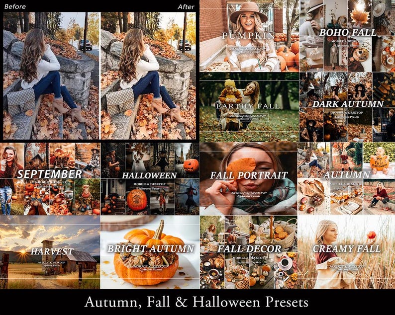 May include: A digital collage of photography presets featuring autumn, fall, and Halloween themes. The collection includes images of pumpkins, foliage, outdoor portraits, and seasonal decor with text overlays such as Pumpkin, Boho Fall, Earthy Fall, Dark Autumn, September, Halloween, Fall Portrait, Autumn, Harvest, Bright Autumn, Fall Decor, and Creamy Fall.