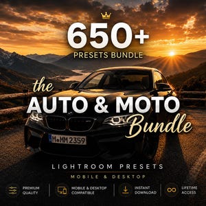 Może przedstawiać: Cyfrowy pakiet produktów przedstawiający czarny samochód na górskiej drodze o zachodzie słońca. Tekst głosi: 650+ PRESETS BUNDLE, the AUTO & MOTO Bundle, LIGHTROOM PRESETS, MOBILE & DESKTOP, PREMIUM QUALITY, MOBILE & DESKTOP COMPATIBLE, INSTANT DOWNLOAD, LIFETIME ACCESS.