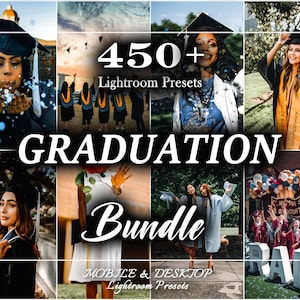 May include: A collage of graduation photos with the text "450+ Lightroom Presets" and "Graduation Bundle". The images feature graduates in caps and gowns, celebrating with confetti and posing for photos. The bundle includes mobile and desktop Lightroom presets.