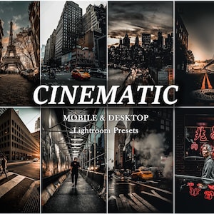 May include: A collection of urban landscape photographs with a cinematic feel. The images feature iconic landmarks and city scenes. Text overlays state "CINEMATIC" and "MOBILE & DESKTOP Lightroom Presets."