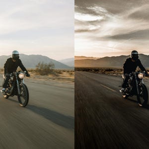 May include: A motorcyclist wearing a black jacket and a silver helmet rides a black motorcycle along a paved road. The scene features a desert landscape with distant mountains under a bright sky, captured in two different color tones side by side.
