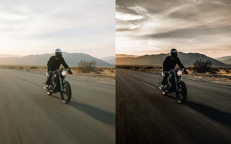 May include: A motorcyclist wearing a black jacket and a silver helmet rides a black motorcycle along a paved road. The scene features a desert landscape with distant mountains under a bright sky, captured in two different color tones side by side.