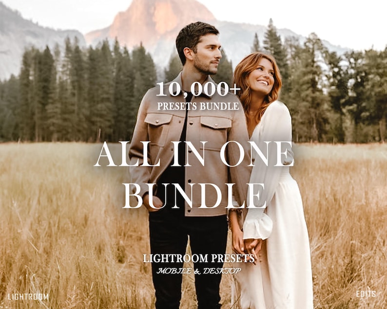 May include: A digital product advertisement for a 10,000+ Presets Bundle for Lightroom mobile and desktop. The image features a couple in a field with text overlays reading 10,000+ PRESETS BUNDLE, ALL IN ONE BUNDLE, LIGHTROOM PRESETS MOBILE & DESKTOP.