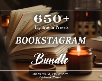 May include: A book with pages open, a lit candle, and a wooden coaster on a wooden table. The text on the image reads "650+ Lightroom Presets Bookstagram Bundle Mobile & Desktop Lightroom Presets".