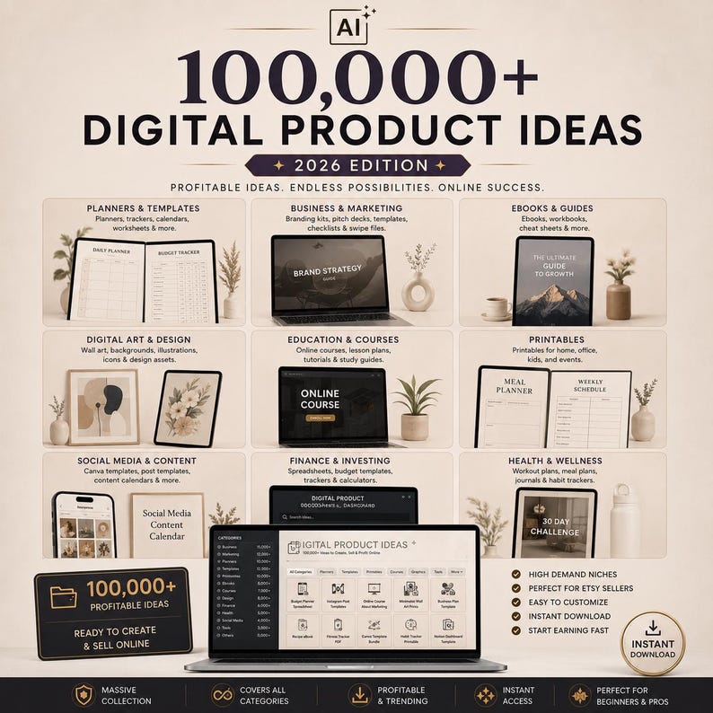 K&ouml;nnte beinhalten: Ein digitaler Produktleitfaden mit dem Titel 100,000+ Digital Product Ideas 2026 Edition. Die Grafik zeigt verschiedene Kategorien wie Planer, Marketing, E-Books, digitale Kunst, Bildung, Druckvorlagen, soziale Medien und Finanzen.