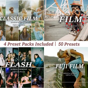 K&ouml;nnte beinhalten: Vier Lightroom-Preset-Pakete f&uuml;r Mobilger&auml;te und Desktop, darunter Classic Film, Film, Flash und Fuji Film. Jedes Paket enth&auml;lt 50 Presets.