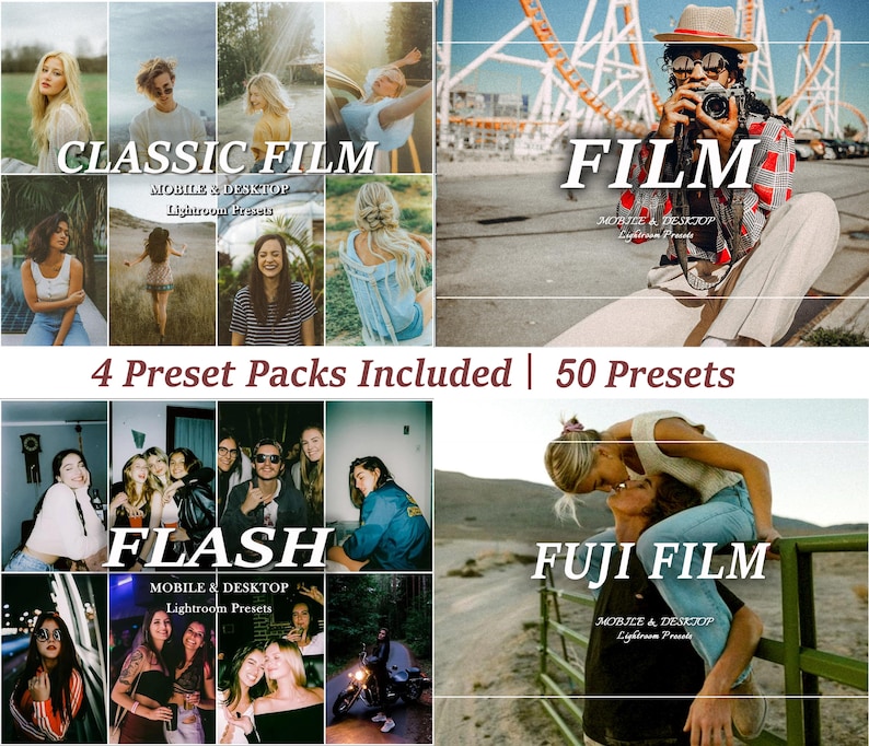 K&ouml;nnte beinhalten: Vier Lightroom-Preset-Pakete f&uuml;r Mobilger&auml;te und Desktop, darunter Classic Film, Film, Flash und Fuji Film. Jedes Paket enth&auml;lt 50 Presets.