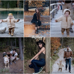 May include: A collage of images featuring children wearing various winter outfits. The images show children in a variety of settings, including a forest, a bridge, and a park. The children are all smiling and appear to be enjoying themselves.