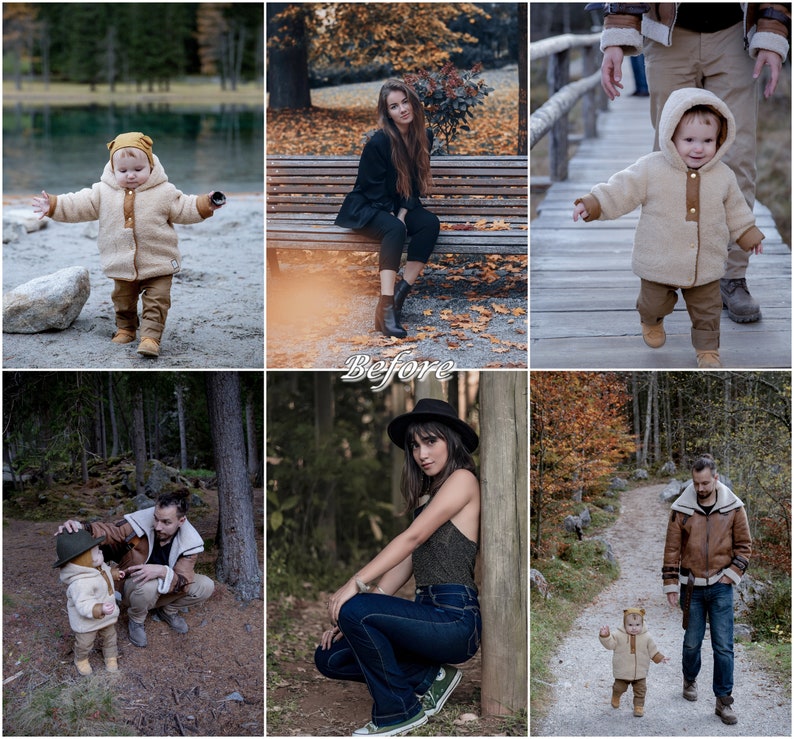 May include: A collage of images featuring children wearing various winter outfits. The images show children in a variety of settings, including a forest, a bridge, and a park. The children are all smiling and appear to be enjoying themselves.