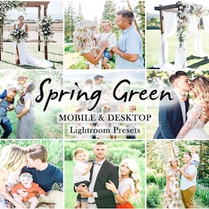 May include: A collage of photos featuring families in a variety of settings, including a wedding ceremony, a park, and a field. The photos are edited with a spring green color palette. The text "Spring Green" is written in a cursive font, with the words "Mobile & Desktop Lightroom Presets" below it.