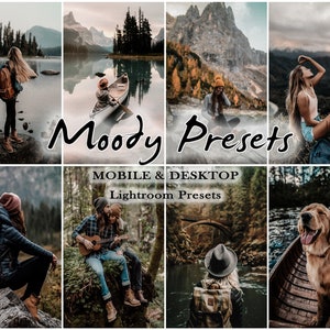 May include: A set of Lightroom presets for mobile and desktop, called "Moody Presets". The presets are designed to give photos a moody, atmospheric look. The image shows several examples of how the presets can be used to edit photos.