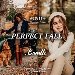 May include: A digital product bundle featuring 650+ Lightroom Presets titled PERFECT FALL Bundle for mobile and desktop. The image displays two scenes: one with a person in a navy coat and brown boots with a dog, and another with a person in a beret.