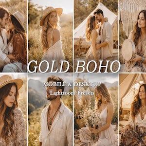 May include: A collection of eight photographs featuring individuals in outdoor settings with warm, golden lighting. The text GOLD BOHO MOBILE & DESKTOP Lightroom Presets is overlaid in the center. The images display various clothing and accessories.