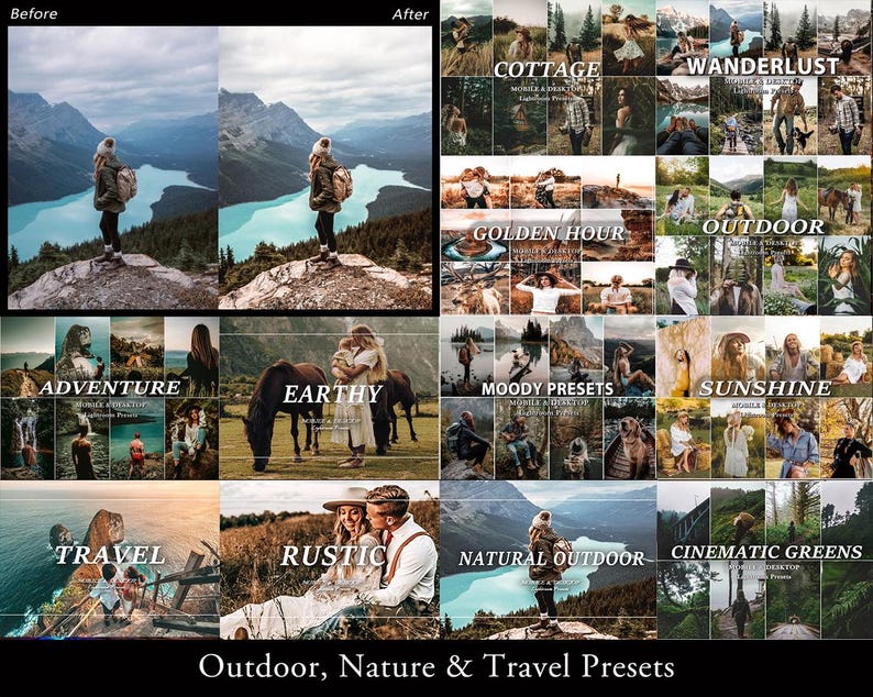 May include: A digital collection of photo editing presets titled Outdoor, Nature & Travel Presets, featuring a grid of various landscape and lifestyle images labeled with categories like Cottage, Wanderlust, Golden Hour, Outdoor, Adventure, Earthy, Moody, Sunshine, Travel, Rustic, Natural Outdoor, and Cinematic Greens.
