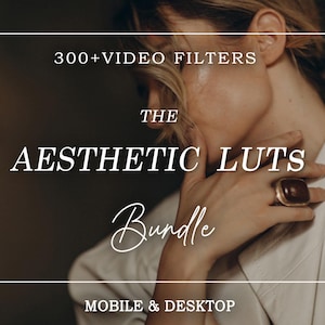 Pode incluir: Imagem com texto: "300+ VIDEO FILTERS", "THE AESTHETIC LUTS Bundle MOBILE & DESKTOP". Uma pessoa usa um anel de ouro com uma pedra grande, quadrada e marrom. O fundo é desfocado, marrom escuro.