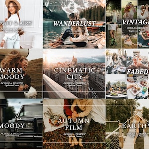 Op de afbeelding: Een digitale collectie Lightroom-presets voor mobiel en desktop, met negen verschillende esthetische categorie&euml;n genaamd Bright & Airy, Wanderlust, Vintage, Warm Moody, Cinematic City, Faded, Moody, Autumn Film en Earthy.