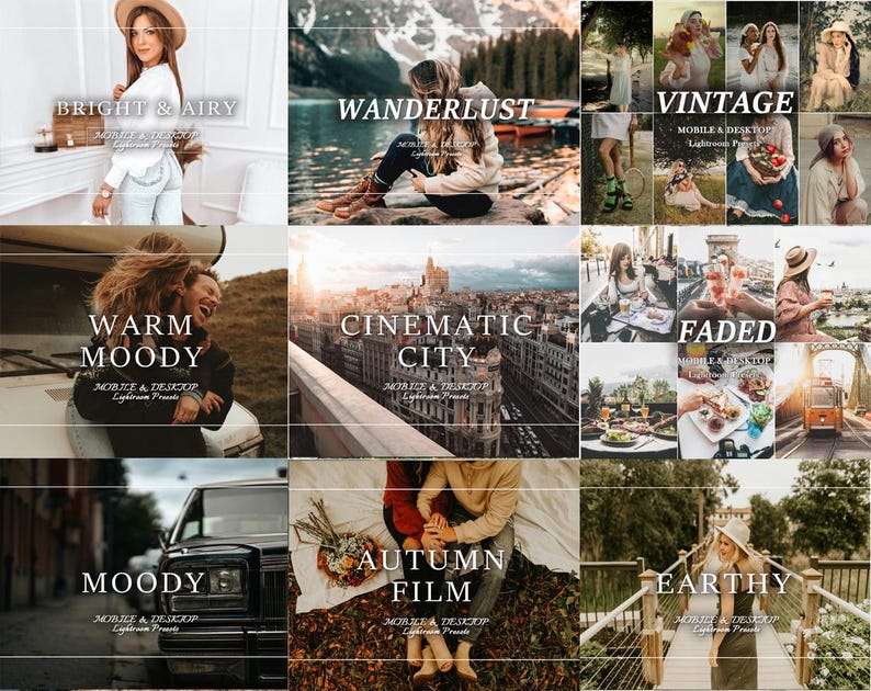 Op de afbeelding: Een digitale collectie Lightroom-presets voor mobiel en desktop, met negen verschillende esthetische categorie&euml;n genaamd Bright & Airy, Wanderlust, Vintage, Warm Moody, Cinematic City, Faded, Moody, Autumn Film en Earthy.