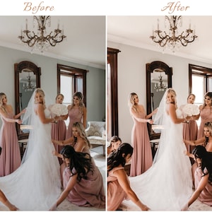 May include: A bride in a white wedding dress with a long veil stands surrounded by bridesmaids in dusty rose floor-length gowns. The group is positioned in a room with a chandelier, a large mirror, and a window, with the bride holding a bouquet.