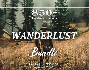 Op de afbeelding: Een persoon in een zwart jack en met een rugzak loopt door een veld met hoog gras. De tekst "850+ Lightroom Presets" en "WANDERLUST Bundle" wordt boven de persoon weergegeven. De tekst "MOBILE & DESKTOP Lightroom Presets" wordt onder de persoon weergegeven.