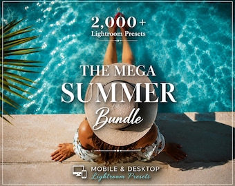 May include: A digital graphic featuring a wide-brimmed straw hat and a floral top against a turquoise swimming pool. Text reads: 2,000+ Lightroom Presets, THE MEGA SUMMER Bundle, and MOBILE & DESKTOP Lightroom Presets. The view is from above.