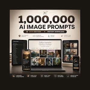Peut inclure: Un affichage de produit numérique avec le texte 1,000,000 AI IMAGE PROMPTS 2026 EDITION. Le graphique montre un ordinateur portable, deux tablettes et deux smartphones affichant diverses images générées par IA et des menus d'interface.
