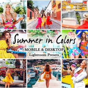 以下が含まれることがあります： カラフルな夏の服装をした女性を写した写真のコラージュ。写真の上に「Summer in Colors」と「Mobile & Desktop Lightroom Presets」の文字が重ねられています。