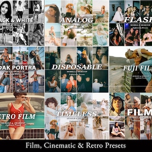 May include: A digital collection of photography presets featuring various aesthetic styles including black and white, analog, flash, Kodak Portra, disposable, Fuji film, retro film, timeless, and film, displayed as a grid of sample images.
